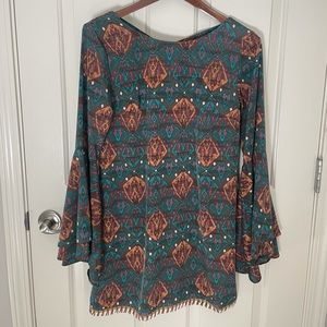 Teal Geometric print dress with fringe on bottom